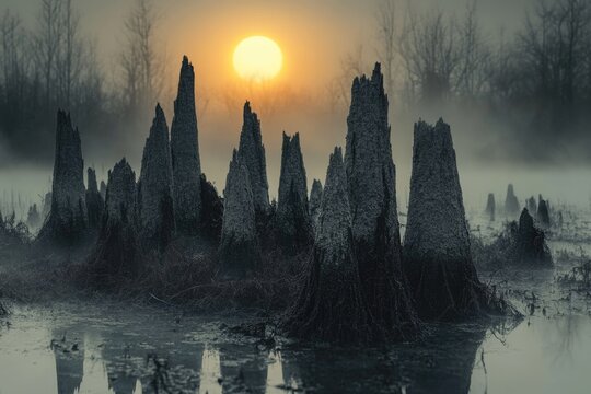 Misty sunrise over a swamp reveals ancient, dark cypress stumps, creating an eerie yet beautiful landscape.