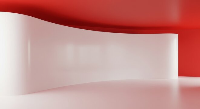 Modern Red and White Curved Wall Interior - Abstract minimalist interior design with a curved white wall against a red ceiling and floor. Clean lines and modern aesthetic