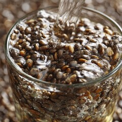 Water pouring over dark seeds in a glass