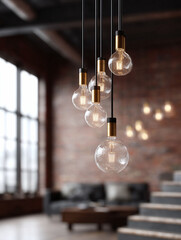 Elegant light fixture with exposed bulbs hangs in a modern loft apartment. The design adds a touch of industrial chic. Perfect for home decor, lifestyle, and architectural projects.