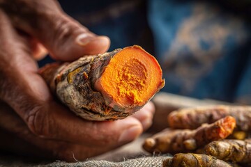 Hand holding cut turmeric root