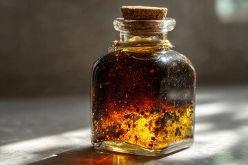Small glass bottle with dark amber liquid and cork stopper
