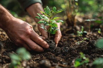 A person is planting a plant in the ground