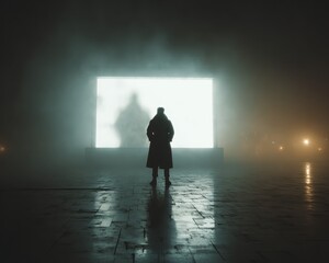 A person standing in a dark room with a light coming through the