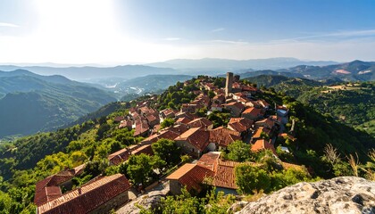Panoramic view of a mountain village nestled in valley