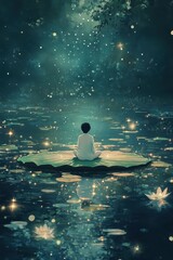 A person sitting on a lotus in the water