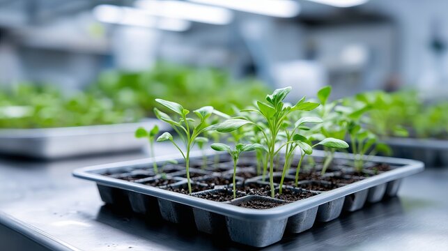 Seedlings growing in a sterile indoor environment for agricultural research