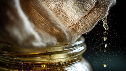 Filtered oil drips from a cloth