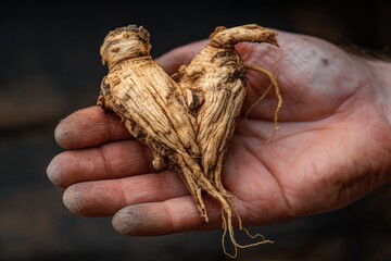 Two heart-shaped ginseng roots held in a hand