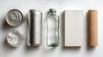 Recyclable materials arranged on white surface