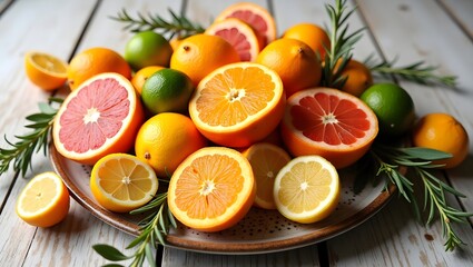 Vibrant citrus fruit assortment: oranges, grapefruits, lemons, limes, rosemary garnish, rustic wooden background.