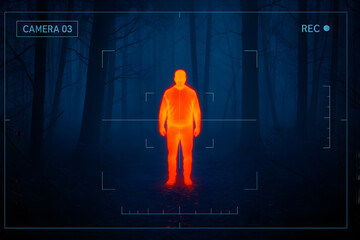 Thermal security camera detecting human in dark forest