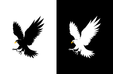 A black and white eagle silhouette, in flight, poised to land, presented in contrasting backgrounds.