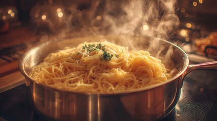 Creamy pasta steaming in a pan.