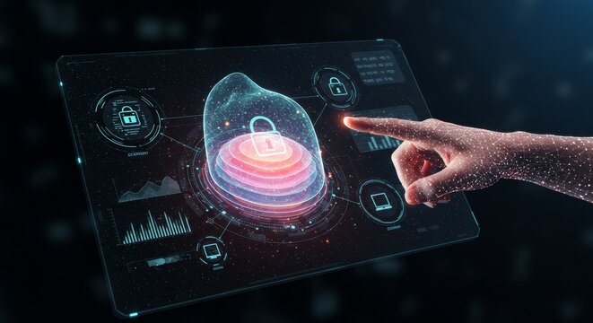 Secure Trust: Holographic Interface - Cybersecurity, data protection, safety, secure access, and user trust are symbolized in this depicting a holographic interface