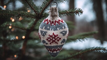 Knitted Christmas ornament on a tree branch