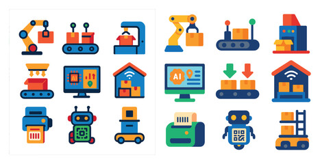 Set of images of robots and machines, including a printer, a computer, and a scanner