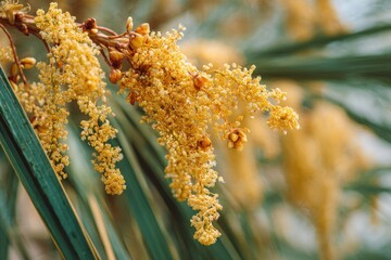 Close-up of pale yellow flowers on a palm branch