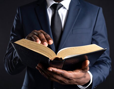 Man in suit reading open book