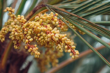 Close-up of clusters of pale yellow flowers on a palm tree