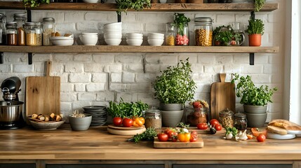 Rustic Kitchen with Tomatoes, Herbs, Jars, Wood Shelves and White Brick Wall