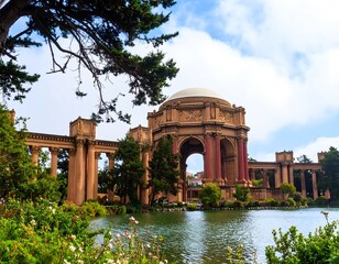 Obraz premium Panoramic view of a stunning art museum complex by a serene lake