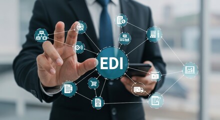 Streamlining Business with EDI Technology - A businessman interacts with a holographic display showcasing EDI technology, illustrating efficient data exchange and streamlined business processes