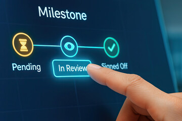 Milestone progress screen showing stages pending, in review, and signed off with finger pointing at in review status on digital interface