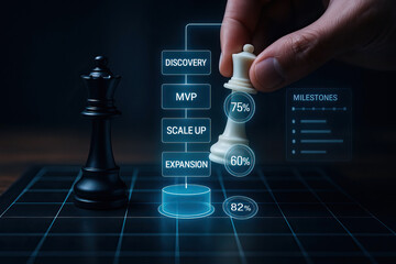 Chess piece business strategy digital interface milestones progress hand black chess king white chess king dark background technology