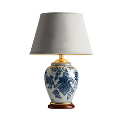 Elegant blue and white porcelain table lamp with floral pattern and grey lampshade isolated on transparent background