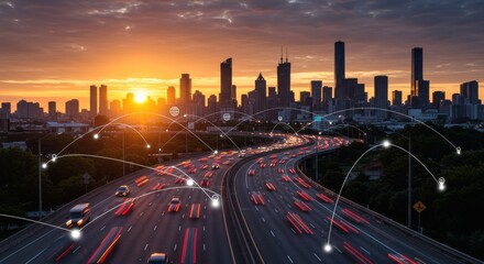 Sunset Highway Data Flow and City Skyline - Urban development, technological connectivity, data flow, highway traffic, sunset cityscape.