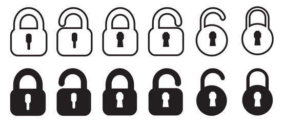 Padlock - Illustration Icons. Locks icons set. Locked and unlocked vector icon set. Locked and unlocked black line icon set.
