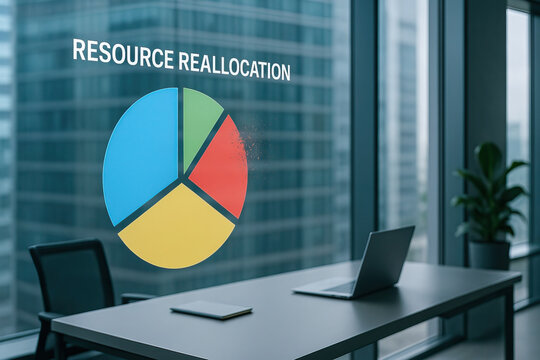 Resource reallocation concept with colorful pie chart on glass window in modern office with laptop and plant, showing business strategy and financial planning ideas