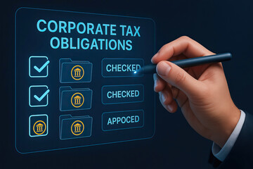Corporate tax obligations checklist with digital interface and hand holding pen, business compliance concept, financial management and auditing process
