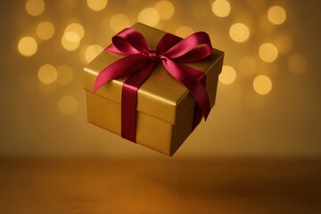 A matte gold Diwali gift box floats slightly tilted in mid-air,golden bokeh background, free for text