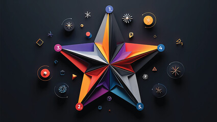 Multi colored geometric star with numbered points and abstract shapes colorful