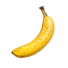 A ripe yellow banana with water droplets and brown spots isolated on transparent background