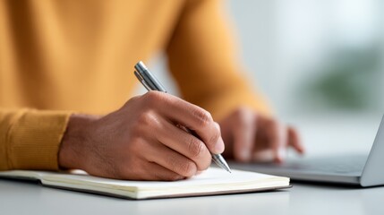 Freelancer writing notes in notebook while using laptop, enjoying work and travel lifestyle, combining remote work with family time and kids' education