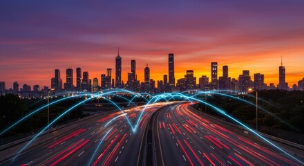 Urban Data Flow at Sunset - City skyline at sunset, highway traffic light trails, illustrating technology connectivity, urban development, and data flow.