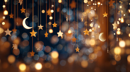 Hanging stars and moon with bokeh lights