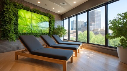 Fototapeta premium Rooftop Spa Room with Lounge Chairs and Bonsai Plants Overlooking a City Skyline