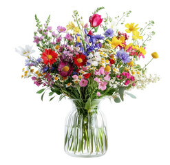 Colorful assortment of fresh cut flowers in a clear glass vase on transparent background