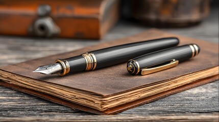 Elegant black fountain pen resting on aged leather notebook.