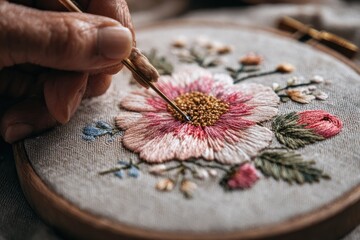 Close-up of hands embroidering a floral design