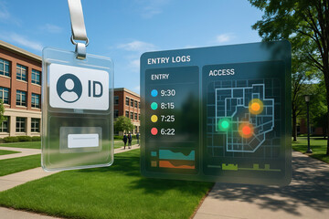 ID badge with digital entry logs and access map overlay on college campus background, showing time stamped entry points and security monitoring in sunny outdoor setting
