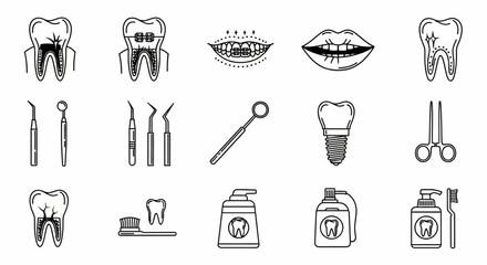 Dental Care and Oral Hygiene Line Icon Set – Tooth Anatomy, Braces, Dental Tools, Implants, Hygiene Products Vector Illustration


