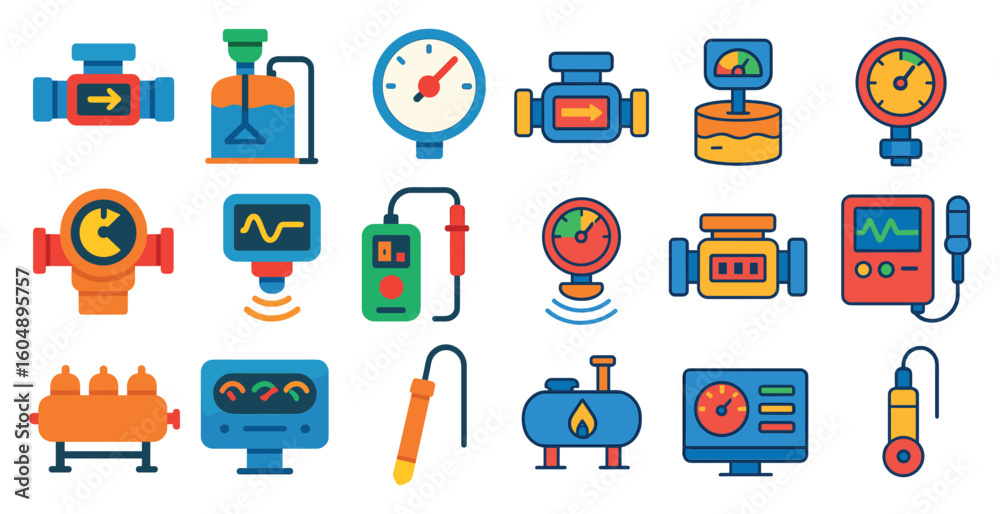 Poster collection of blue and orange icons that represent various types of equipment and tools. scene is on