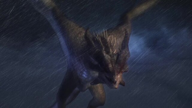 Dragon Wyvern Flying in a rainy storm towards camera