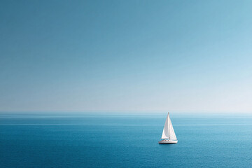 Fototapeta premium Serene seascape with a white sailboat gliding on calm, blue water under a clear, light blue sky. Evokes freedom, travel, and tranquility. Ideal for travel, business, or lifestyle content.