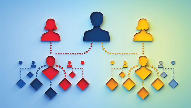 Red blue and yellow figures connected by dotted lines and squares organization chart